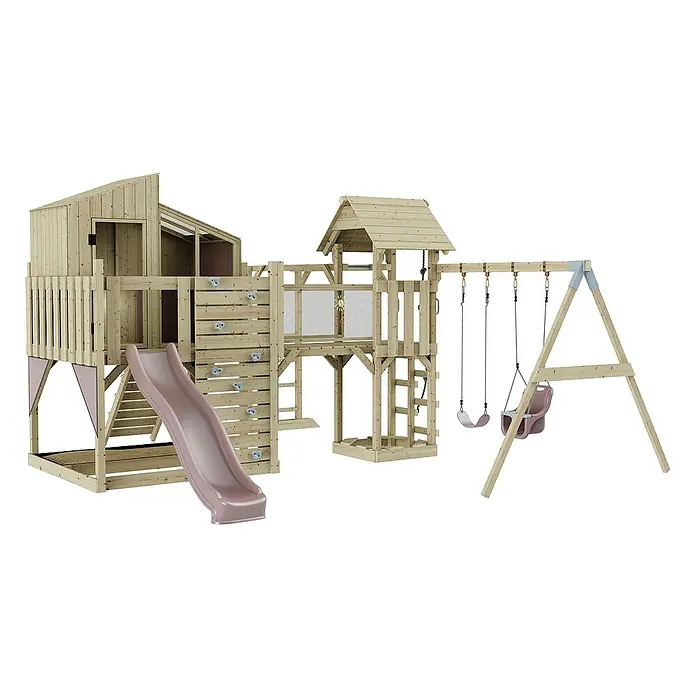 OutdoorToys Kinderspielturm Polarplay Emma - L x B x H: 490 x 503 x 291 cm, Rosa - Ein hölzernes Spielhaus mit Rutsche, Schaukeln und Kletterwand. Ein tolles Spielgerät für Kinder zum Spielen im Freien.