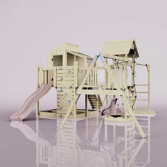 OutdoorToys Kinderspielturm Polarplay Emma - L x B x H: 490 x 503 x 291 cm, Rosa - Das vielseitige Spielset bietet Klettermöglichkeiten, Rutsche und Schaukeln. Ein Abenteuer-Spielplatz für Kinder zum Austoben im Freien.