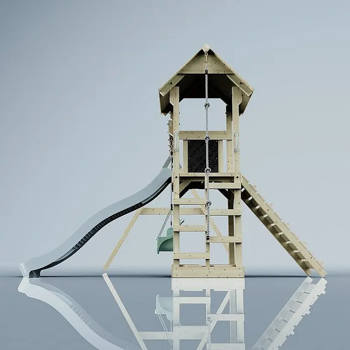 OutdoorToys Kinderspielturm Vimmerby - L x B x H: 332 x 357 x 273 cm, Blau - Diese Aufnahme zeigt ein hölzernes Klettergerüst mit Rutsche, Leiter und Schaukel vor einem neutralen Hintergrund. Die Spiegelung verstärkt die Ansicht.