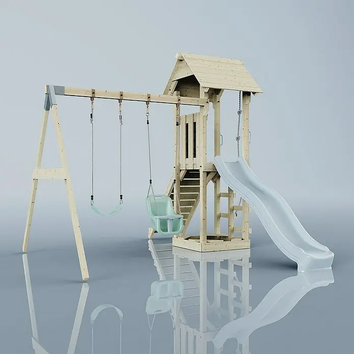 OutdoorToys Kinderspielturm Vimmerby - L x B x H: 332 x 357 x 273 cm, Blau - Hölzerner Spielplatz mit Schaukel, Rutsche und Turm für Kinder zum Klettern und Spielen im Garten.
