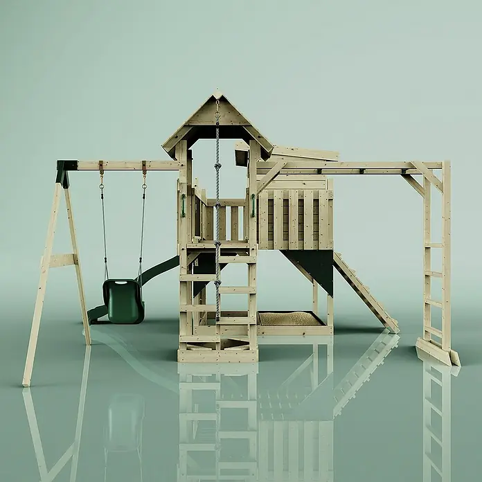 OutdoorToys Kinderspielturm Polarplay Inga - L x B x H: 400 x 503 x 274 cm, Grün - Ein geräumiger Holzspielplatz mit Schaukel, Rutsche und Kletterturm, ideal für stundenlangen Spielspaß im Freien.