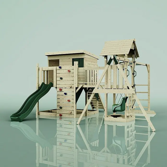 OutdoorToys Kinderspielturm Polarplay Inga - L x B x H: 400 x 503 x 274 cm, Grün - Bild eines Spielplatzes aus Holz mit Rutsche, Schaukel und Kletterwand, ideal für stundenlangen Spaß im Freien.