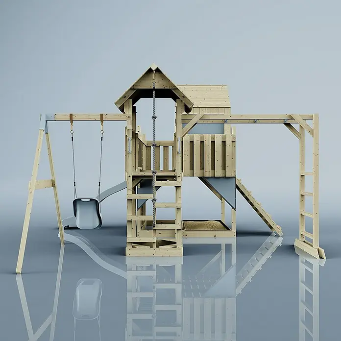 OutdoorToys Kinderspielturm Polarplay Mille - L x B x H: 400 x 503 x 291 cm, Blau - Ein detailgetreues Bild eines Holzspielplatzes mit Schaukel, Rutsche und Kletterturm. Ideal für den Garten und zur Kinderbelustigung.