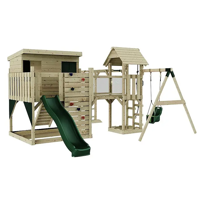 OutdoorToys Kinderspielturm Polarplay Inga - L x B x H: 400 x 503 x 274 cm, Grün - Holzspielplatz mit Rutsche, Kletterwand, Schaukel und Spielhaus für Kinder zum Austoben im Garten.