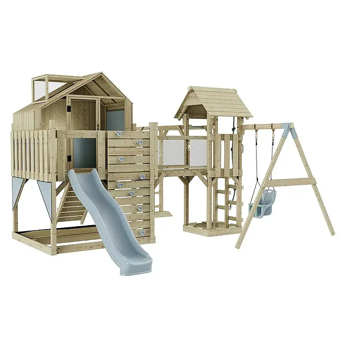 OutdoorToys Kinderspielturm Polarplay Mille - L x B x H: 400 x 503 x 291 cm, Blau - Holz-Spielplatz mit Rutsche, Schaukel und Kletterwand für Kinder zum Austoben im Garten.
