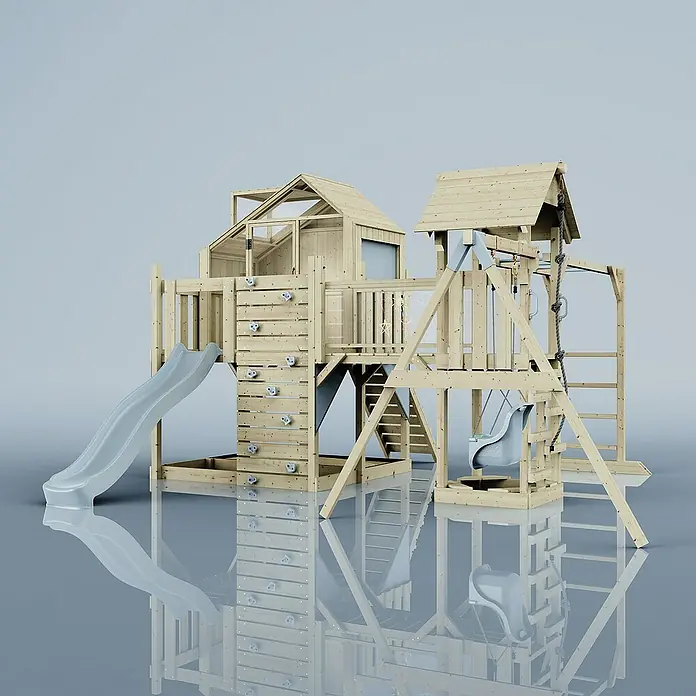 OutdoorToys Kinderspielturm Polarplay Mille - L x B x H: 400 x 503 x 291 cm, Blau - Holzspielplatz mit Rutsche, Kletterwand und Schaukel für Kinder. Fördert Aktivität und Spaß im Freien.