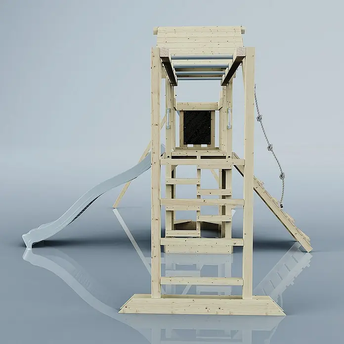 OutdoorToys Kinderspielturm Helsingborg - L x B x H: 358 x 562 x 275 cm, Blau - Holzklettergerüst mit Rutsche und Kletterwand, ideal für Kinder zum Spielen und Austoben im Garten.