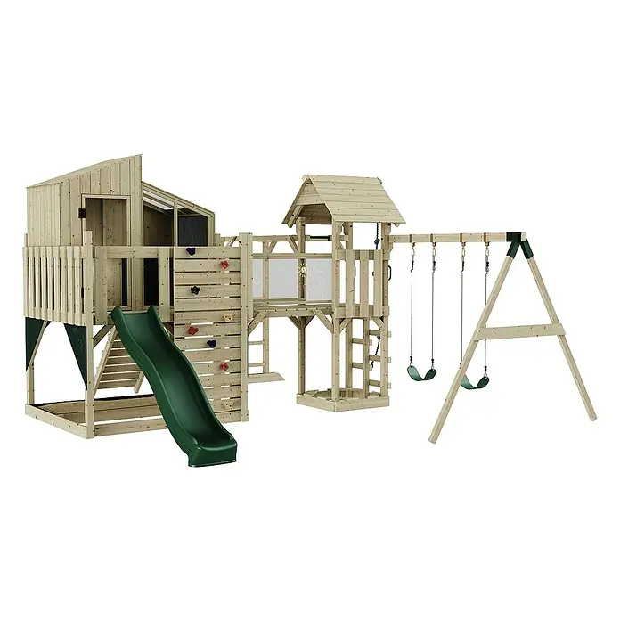OutdoorToys Kinderspielturm Polarplay Emma - L x B x H: 490 x 503 x 291 cm, Grün - Großer Holzspielplatz mit Rutsche, Kletterwand und Schaukeln für stundenlangen Spaß im Garten. Das perfekte Outdoor-Spielgerät für Kinder.