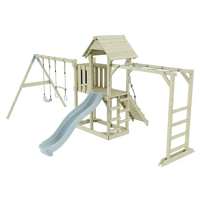 OutdoorToys Kinderspielturm Helsingborg - L x B x H: 358 x 562 x 275 cm, Blau - Holzspielplatz mit Schaukeln, Rutsche und Klettergerüst für Kinder zum Spielen und Toben im Garten.