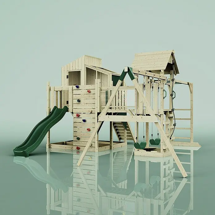 OutdoorToys Kinderspielturm Polarplay Emma - L x B x H: 490 x 503 x 291 cm, Grün - Hölzernes Spielhaus mit Rutsche, Schaukeln und Kletterwand für Kinder zum Austoben im Garten.