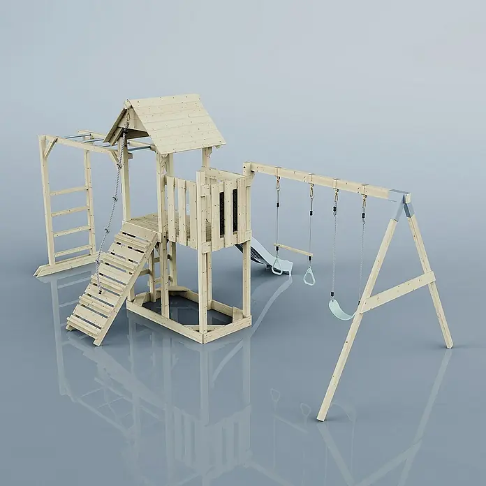 OutdoorToys Kinderspielturm Helsingborg - L x B x H: 358 x 562 x 275 cm, Blau - Abbildung eines hölzernen Kinderspielplatzes mit Schaukeln, Rutsche und Klettergerüst. Ideal für Spaß im Freien.