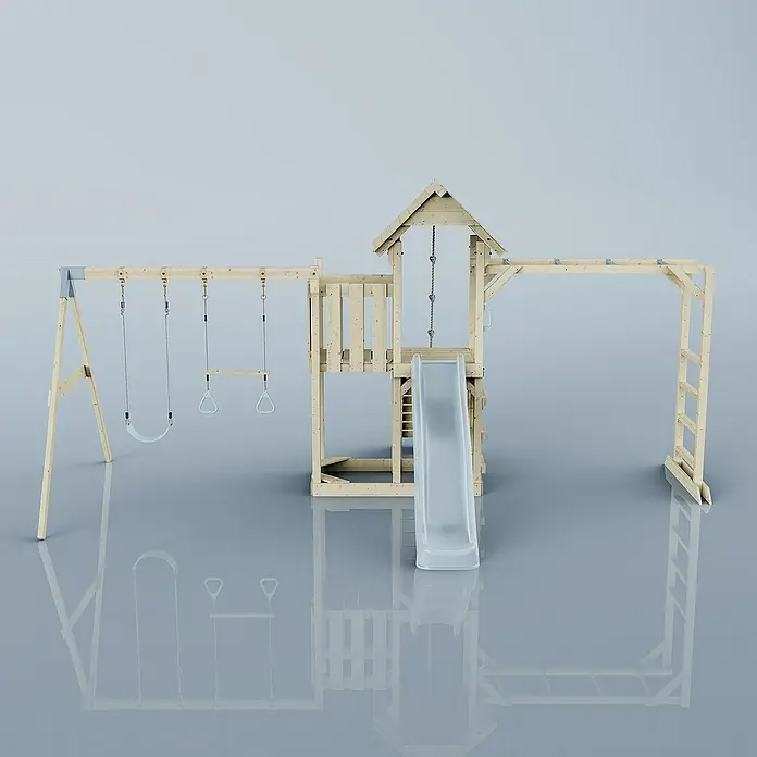 OutdoorToys Kinderspielturm Helsingborg - L x B x H: 358 x 562 x 275 cm, Blau - Ein hölzernes Spielhaus mit Schaukel, Rutsche und Klettergerüst, ideal für Kinder zum Spielen im Garten. Spaß für die ganze Familie!