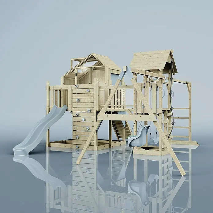 OutdoorToys Kinderspielturm Polarplay Knut - L x B x H: 490 x 503 x 291 cm, Blau - Ein vielseitiger Spielturm aus Holz mit Rutsche, Kletterwand, Schaukel und zwei Spielhäusern für stundenlangen Spielspaß im Freien.