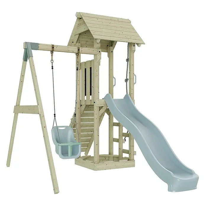 OutdoorToys Kinderspielturm Göteborg - L x B x H: 242 x 357 x 273 cm, Blau - Ein hölzerner Spielturm mit Schaukel, Rutsche und Klettergerüst für Kinder zum Spielen im Garten.