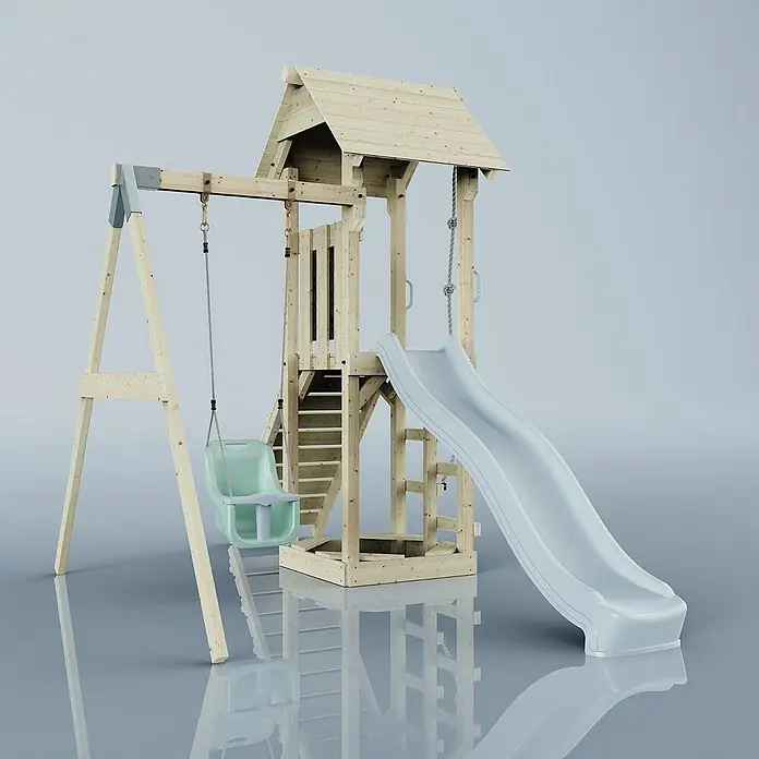 OutdoorToys Kinderspielturm Göteborg - L x B x H: 242 x 357 x 273 cm, Blau - Abenteuerlicher Spielturm mit Rutsche und Schaukel für Kinder. Das perfekte Spielgerät für unvergessliche Stunden im Garten.