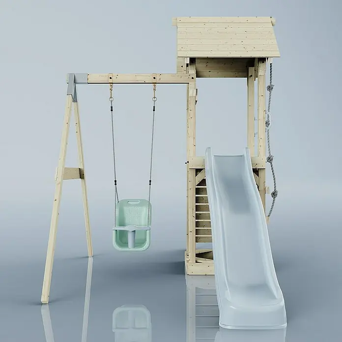 OutdoorToys Kinderspielturm Göteborg - L x B x H: 242 x 357 x 273 cm, Blau - Holz-Spielplatz mit Schaukel, Rutsche und Kletterturm. Ideal für stundenlangen Spielspaß im Garten, robust und langlebig.