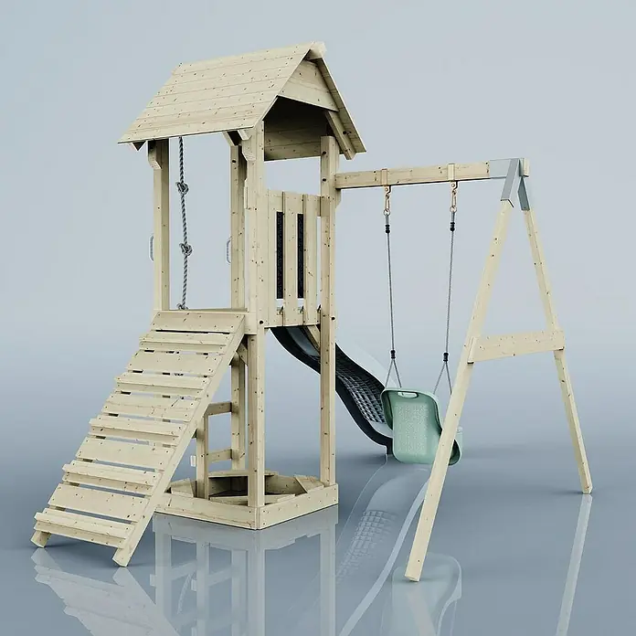 OutdoorToys Kinderspielturm Göteborg - L x B x H: 242 x 357 x 273 cm, Blau - Ein hölzerner Spielturm mit Rutsche und Schaukel für Kinder im Garten, ideal zum Spielen und Spaß haben.