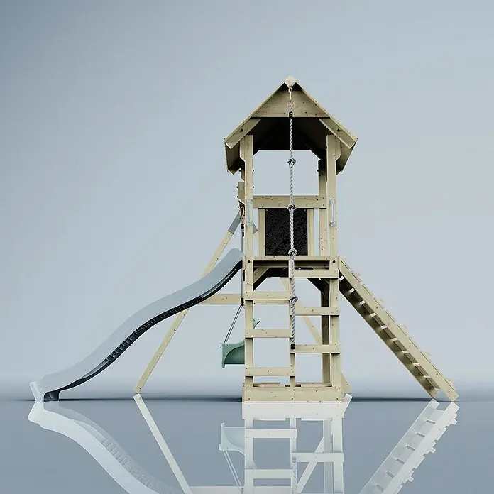 OutdoorToys Kinderspielturm Göteborg - L x B x H: 242 x 357 x 273 cm, Blau - Holz-Klettergerüst mit Rutsche, Leiter und Schaukel. Ideal für Kinder zum Spielen im Garten.