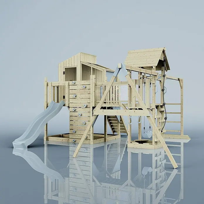 OutdoorToys Kinderspielturm Polarplay Emma - L x B x H: 490 x 503 x 291 cm, Blau - Ein detailreiches Bild eines hölzernen Spielturms mit Rutsche, Kletterwand und Schaukel, ideal für den Garten.