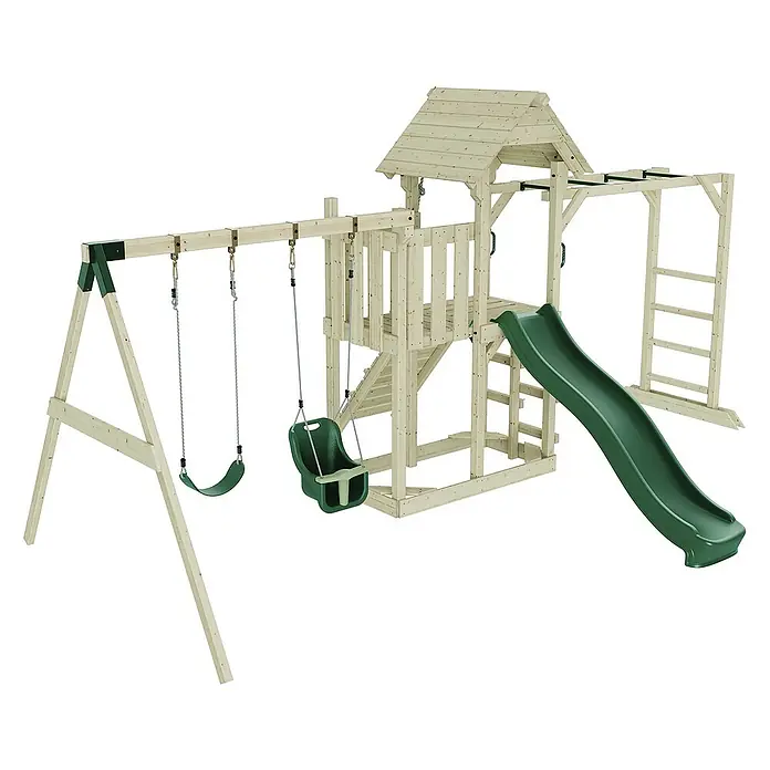 OutdoorToys Kinderspielturm Helsingborg - L x B x H: 358 x 562 x 275 cm, Grün - Eine detailreiche Aufnahme eines Holzspielplatzes mit Schaukeln, Rutsche und Kletterelementen.