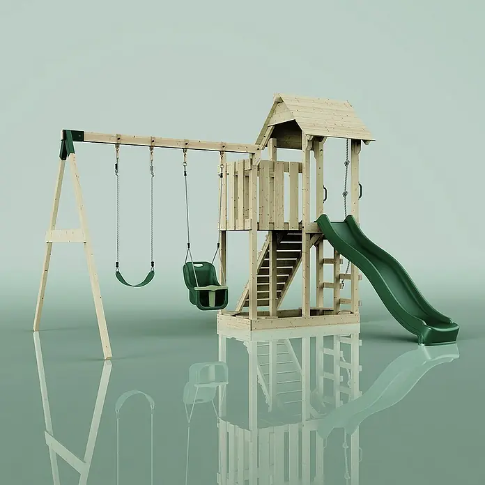 OutdoorToys Kinderspielturm Helsingborg - L x B x H: 358 x 562 x 275 cm, Grün - Ein detailreiches Bild eines Spielplatzes mit Schaukel, Rutsche und Kletterturm, ideal für Kinder zum Spielen und Toben im Freien.