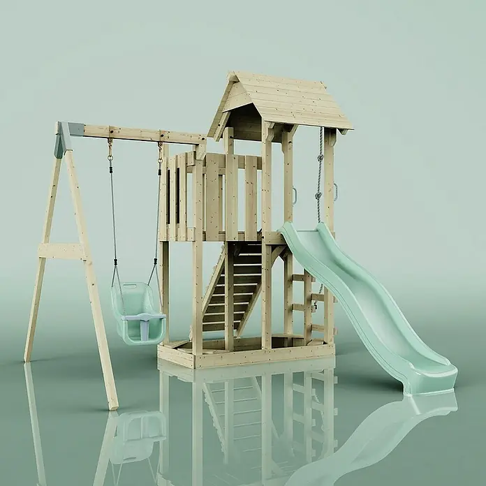 OutdoorToys Kinderspielturm Bergen - L x B x H: 283 x 357 x 273 cm, Grün - Ein detailreiches Bild eines Holzspielturms mit Schaukel und Rutsche, ideal für Kinder zum Spielen und Toben im Freien.