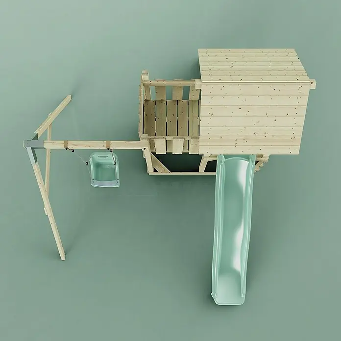 OutdoorToys Kinderspielturm Bergen - L x B x H: 283 x 357 x 273 cm, Grün - Ein hölzernes Spielhaus mit Rutsche und Schaukel für Kinder, ideal für den Garten.