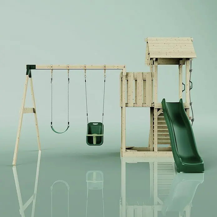 OutdoorToys Kinderspielturm Helsingborg - L x B x H: 358 x 562 x 275 cm, Grün - Holzspielplatz mit Schaukel, Baby-Schaukelsitz, Rutsche, Kletterwand. Ideal für den Garten!