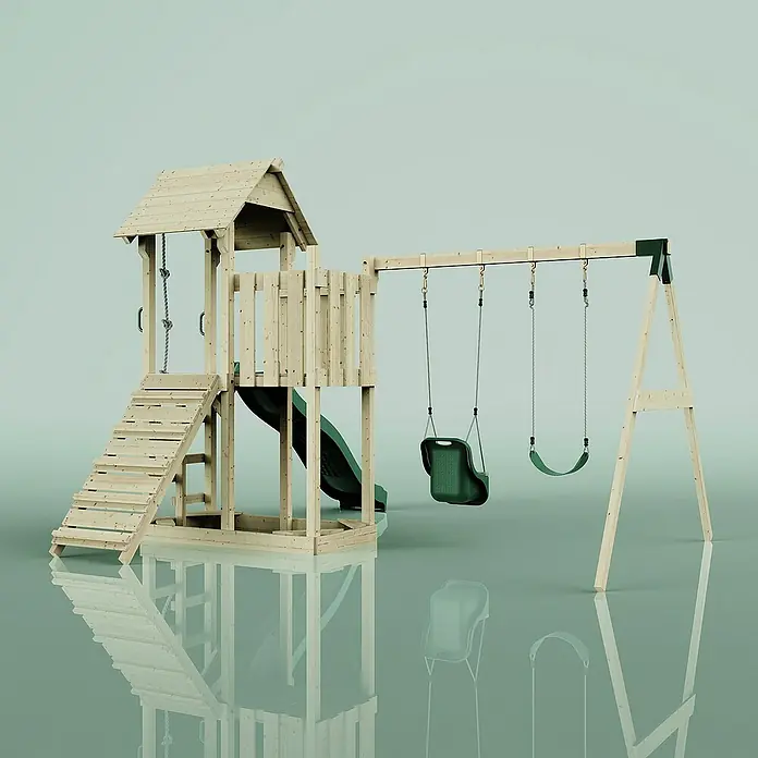 OutdoorToys Kinderspielturm Helsingborg - L x B x H: 358 x 562 x 275 cm, Grün - Ein hölzernes Kinderspielhaus mit Schaukel, Rutsche und Kletterwand, ideal für stundenlangen Spaß im Garten.