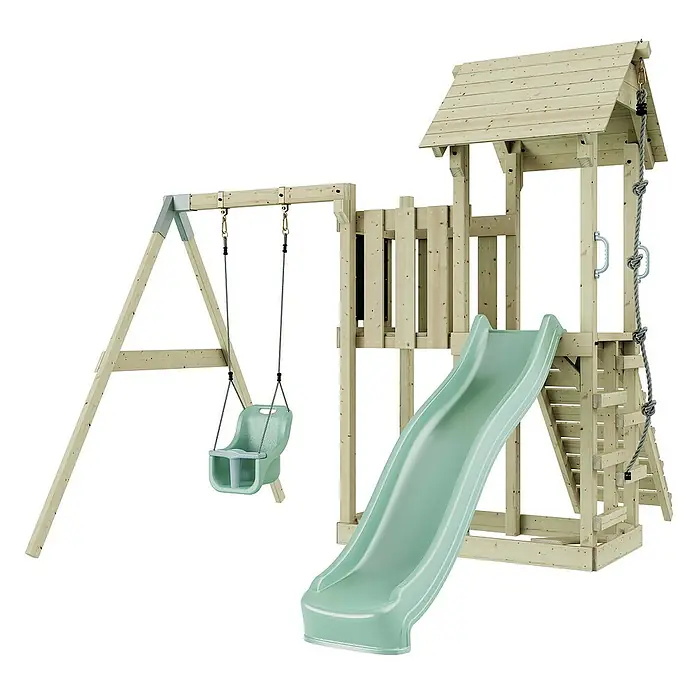 OutdoorToys Kinderspielturm Bergen - L x B x H: 283 x 357 x 273 cm, Grün - Ein hölzernes Spielgerüst mit Schaukel, Rutsche, Kletterseil und Turm für Kinder. Perfekt für den Garten!