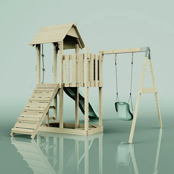 OutdoorToys Kinderspielturm Bergen - L x B x H: 283 x 357 x 273 cm, Grün - Holzspielplatz mit Rutsche und Schaukel für stundenlangen Spaß im Garten. Robuste Konstruktion für sicheres Spielen und Entdecken im Freien.