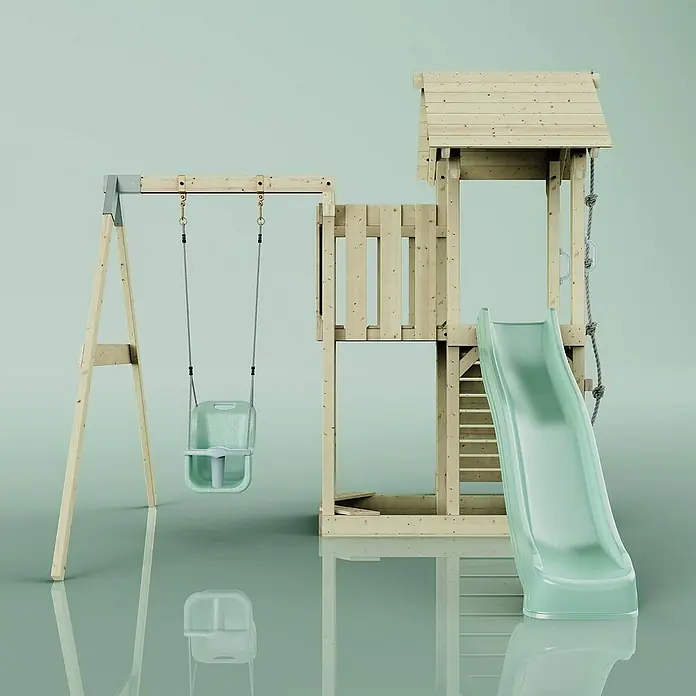 OutdoorToys Kinderspielturm Bergen - L x B x H: 283 x 357 x 273 cm, Grün - Ein detailreiches Bild eines Holzspielplatzes mit Schaukel und Rutsche, ideal für Kinder zum Spielen und Spaß haben im Freien.