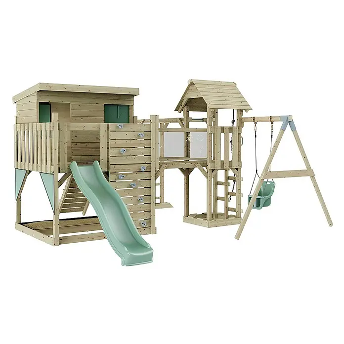 OutdoorToys Kinderspielturm Polarplay Inga - L x B x H: 400 x 503 x 274 cm, Grün - Holzspielplatz mit Turm, Rutsche, Kletterwand und Schaukel für Kinder zum Austoben im Garten.