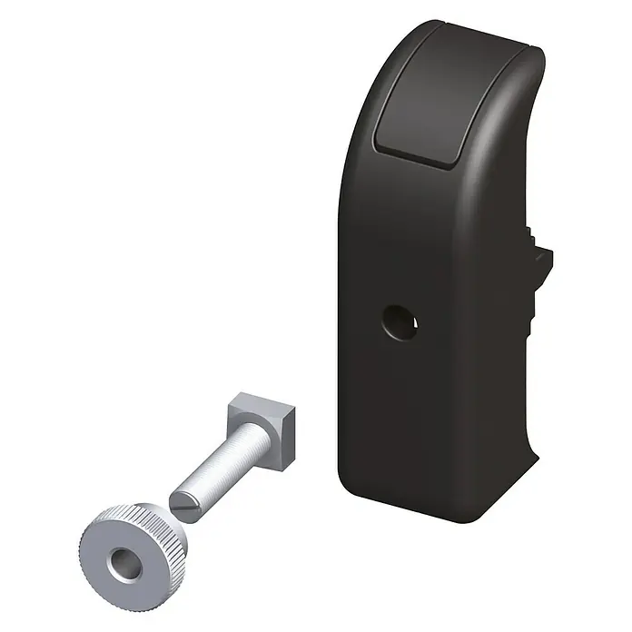 Kantoflex Haken-Verdrehschutz - Breite: 12 mm - Detailaufnahme einer schwarzen Abdeckung mit Schraube und gerändelter Mutter, die die Komponenten und das Design hervorhebt.
