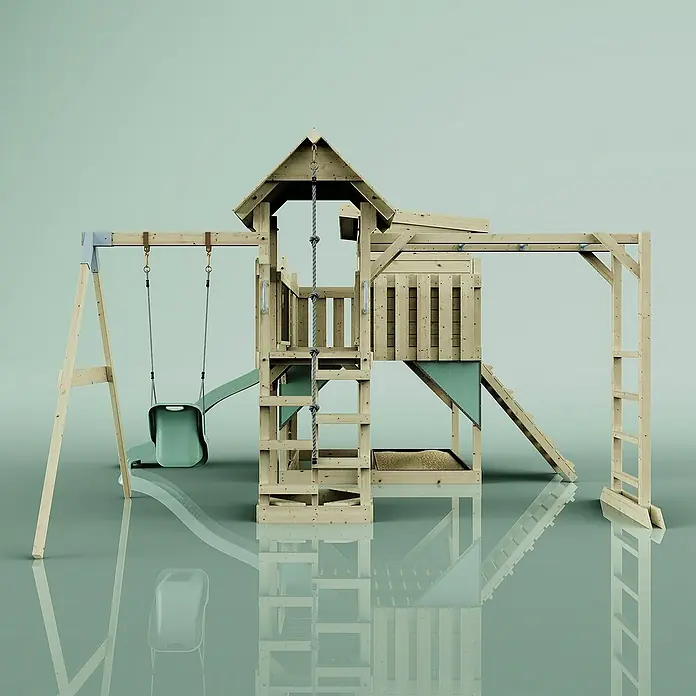 OutdoorToys Kinderspielturm Polarplay Inga - L x B x H: 400 x 503 x 274 cm, Grün - Ein detailreiches Bild eines Spielplatzes aus Holz mit Schaukel, Rutsche und Kletterturm, ideal für Kinder zum Spielen und Entdecken.