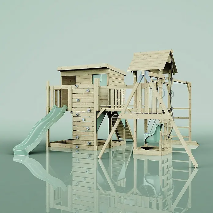 OutdoorToys Kinderspielturm Polarplay Inga - L x B x H: 400 x 503 x 274 cm, Grün - Hölzernes Spielplatzgerät mit Rutsche, Schaukel und Kletterwand für Kinder zum Spielen und Spaß haben im Freien.
