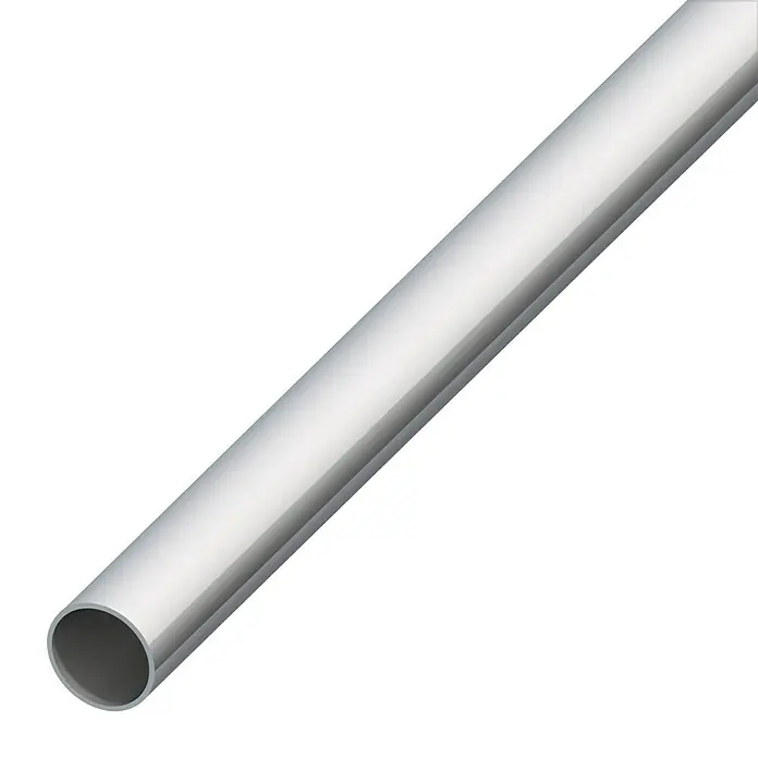 Kantoflex Rundrohr - Ø x L: 15 x 1.000 mm, Stärke: 1 mm, Edelstahl - Silbernes Rohr im Detail. Das Bild zeigt ein glänzendes Metallrohr, das sich diagonal über den Rahmen erstreckt.