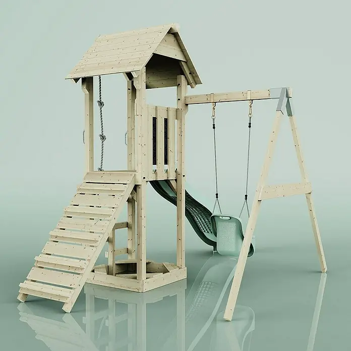 OutdoorToys Kinderspielturm Göteborg - L x B x H: 242 x 357 x 273 cm, Grün - Spielturm mit Schaukel, Rutsche und Kletterleiter aus hellem Holz, ideal für den Garten und aktiven Spaß im Freien.