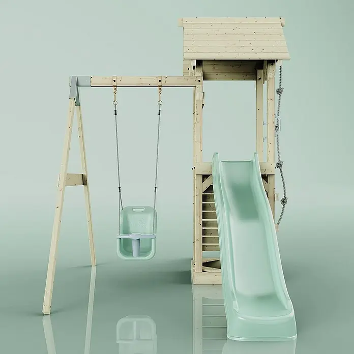 OutdoorToys Kinderspielturm Göteborg - L x B x H: 242 x 357 x 273 cm, Grün - Kinderspielplatz mit Schaukel und Rutsche. Ideal für den Garten, um Kindern Spaß und Bewegung zu ermöglichen.