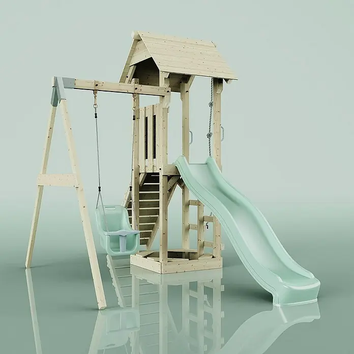 OutdoorToys Kinderspielturm Göteborg - L x B x H: 242 x 357 x 273 cm, Grün - Holzspielturm mit Schaukel und Rutsche. Ideal für den Garten, bietet stundenlangen Spielspaß für Kinder.