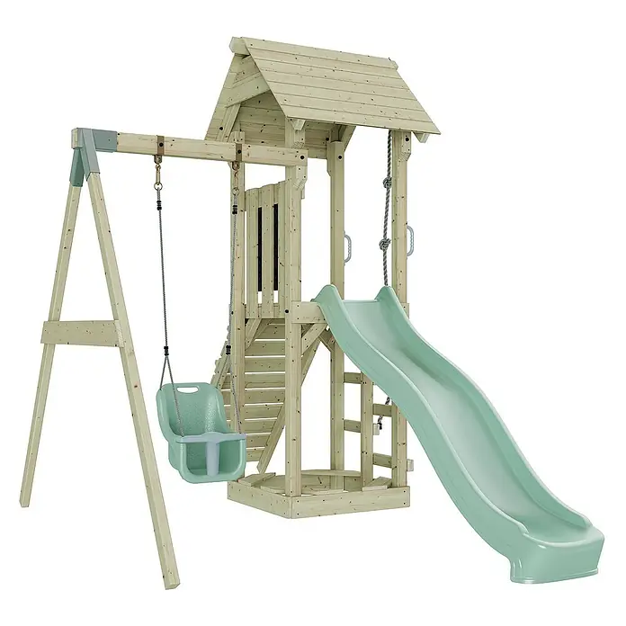 OutdoorToys Kinderspielturm Göteborg - L x B x H: 242 x 357 x 273 cm, Grün - Ein detailreiches Bild eines hölzernen Spielplatzes mit Schaukel und Rutsche für Kinder.