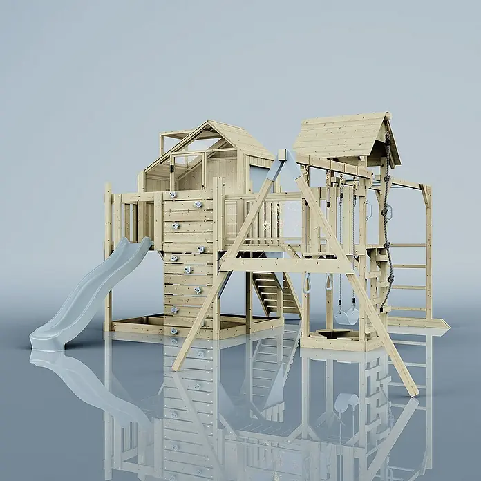 OutdoorToys Kinderspielturm Polarplay Knut - L x B x H: 490 x 503 x 291 cm, Blau - Ein hölzernes Spielgerät mit Rutsche, Kletterwand und Schaukel bietet vielfältige Spielmöglichkeiten im Freien.