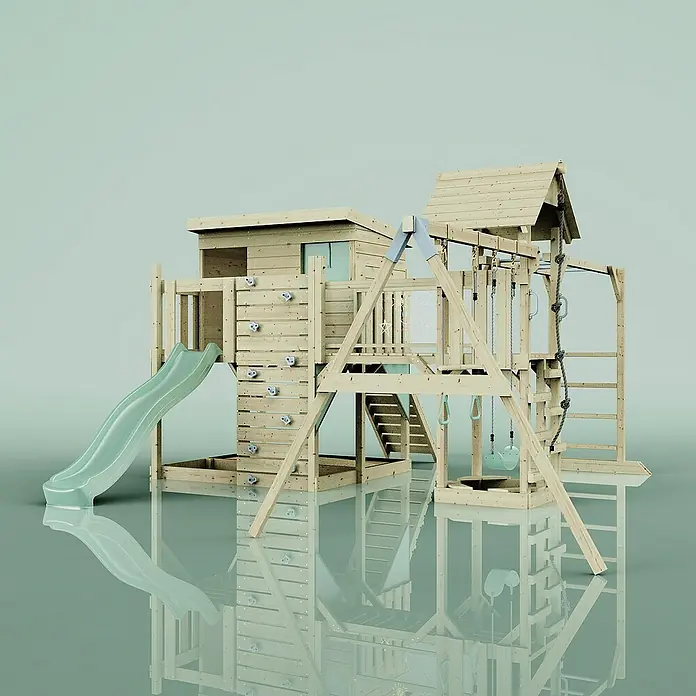 OutdoorToys Kinderspielturm Polarplay Johanna - L x B x H: 490 x 503 x 274 cm, Grün - Hölzernes Spielgerät mit Rutsche, Kletterwand und Schaukel für stundenlangen Spielspaß im Freien. Ideal für aktive Kinder.