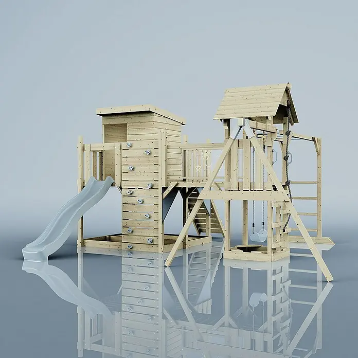 OutdoorToys Kinderspielturm Polarplay Lene - L x B x H: 400 x 503 x 274 cm, Blau - Holzspielturm mit Rutsche, Kletterwand, Schaukel und Hängebrücke für stundenlangen Spielspaß im Freien. Ein Abenteuerspielplatz für Kinder.