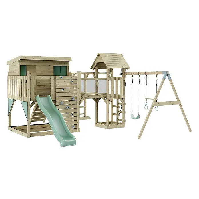 OutdoorToys Kinderspielturm Polarplay Johanna - L x B x H: 490 x 503 x 274 cm, Grün - Abenteuerlicher Holzspielplatz mit Rutsche, Kletterwand und Schaukel für Kinder zum Austoben im Garten.