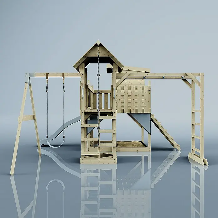 OutdoorToys Kinderspielturm Polarplay Lene - L x B x H: 400 x 503 x 274 cm, Blau - Abenteuerlicher Spielplatz mit Schaukel, Rutsche, Kletterwand und Turm für unvergesslichen Spielspaß im Garten.