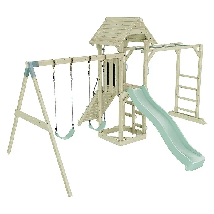 OutdoorToys Kinderspielturm Örebro - L x B x H: 358 x 491 x 275 cm, Grün - Ein hölzernes Kinderspielhaus mit Schaukel, Rutsche, Kletterwand und Leiter für stundenlangen Spielspaß im Freien.