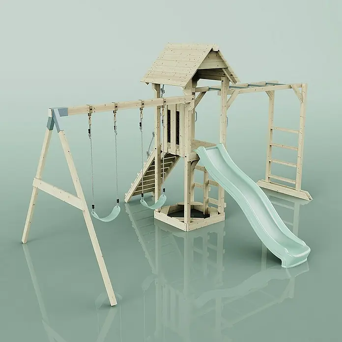 OutdoorToys Kinderspielturm Örebro - L x B x H: 358 x 491 x 275 cm, Grün - Holzspielturm mit Schaukel, Rutsche und Klettergerüst für Kinder zum Spielen und Toben im Garten.