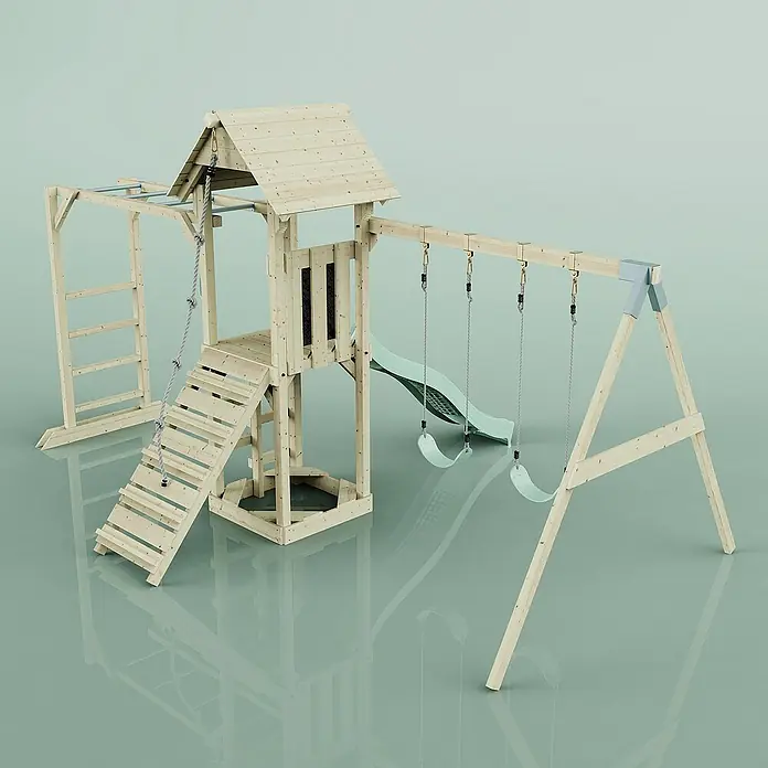 OutdoorToys Kinderspielturm Örebro - L x B x H: 358 x 491 x 275 cm, Grün - Ein detailliertes Bild eines Holzspielplatzes mit Schaukeln, Rutsche, Klettergerüst und kleinem Haus. Ideal für stundenlangen Spaß im Freien.
