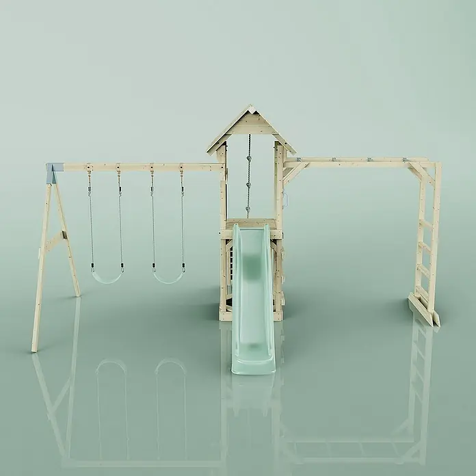 OutdoorToys Kinderspielturm Örebro - L x B x H: 358 x 491 x 275 cm, Grün - Holzspielplatz mit Schaukeln, Rutsche und Klettergerüst für Kinder zum Spielen im Freien. Das naturbelassene Design passt perfekt in jeden Garten.
